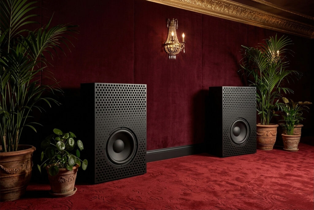 Krix MXi-118 18-inch infra-bass subwoofer pair in a red home cinema room
