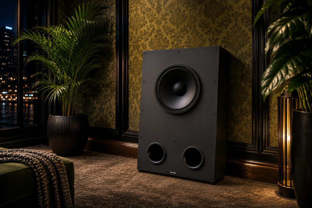 Krix Cyclonix 18 subwoofer in an elegant home cinema interior