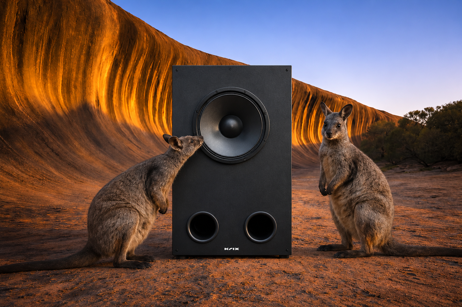 Krix Cyclonix 18 passive subwoofer with black tailed wallabies in front of Wave Rock, Australia
